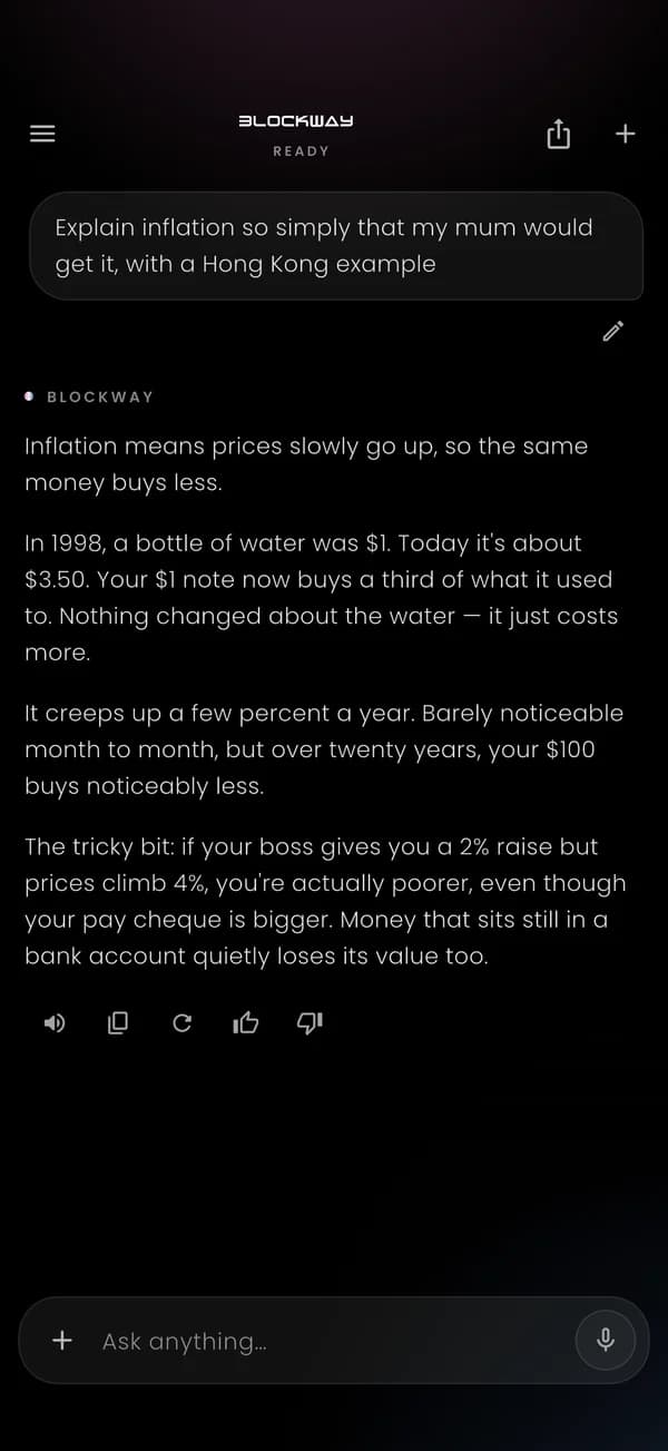 Blockway AI explaining inflation simply, in Cantonese